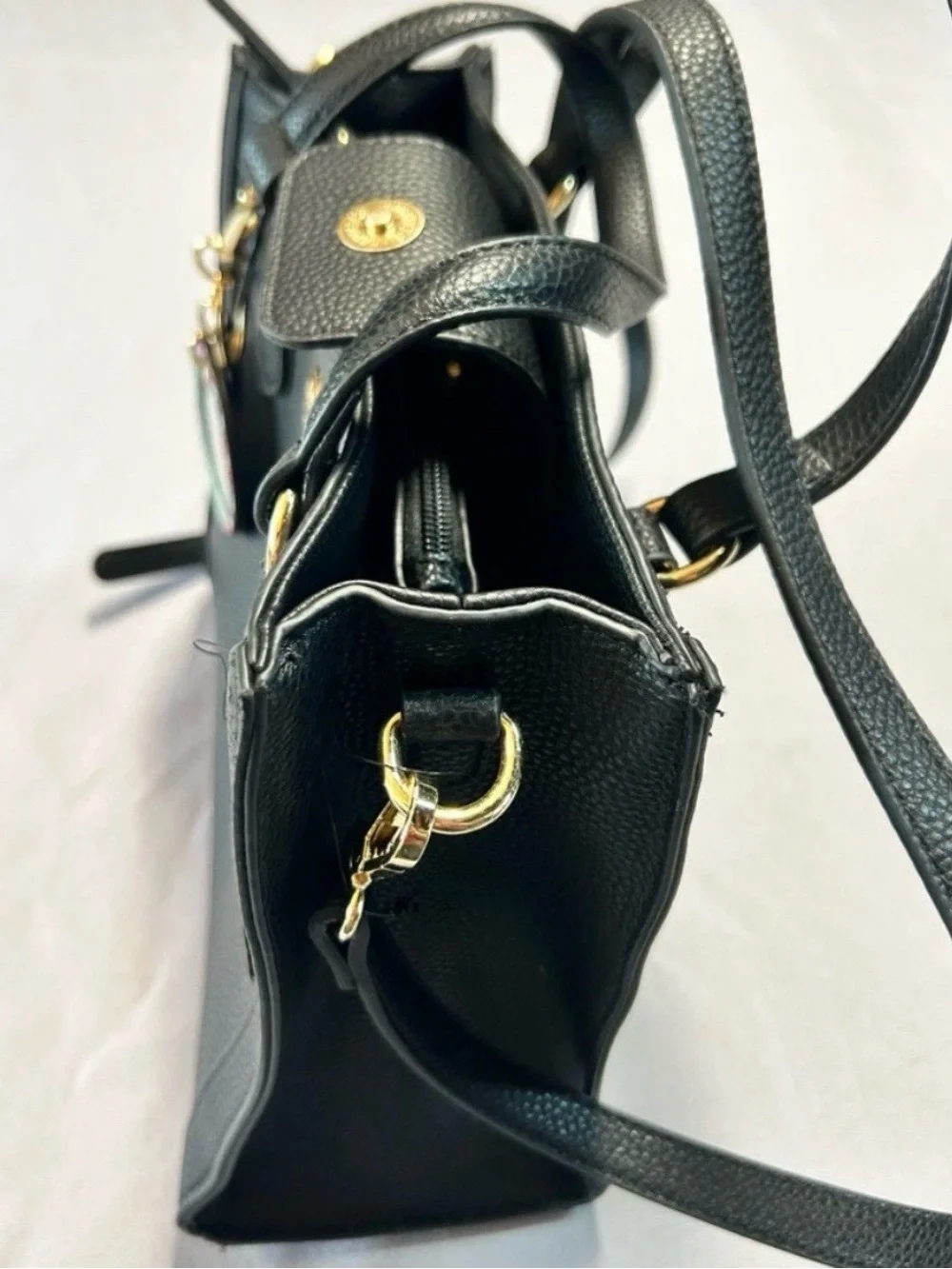 Nanette Lepore Black Vegan Leather Pebbled Satchel Bag with Floral Mirror Charm